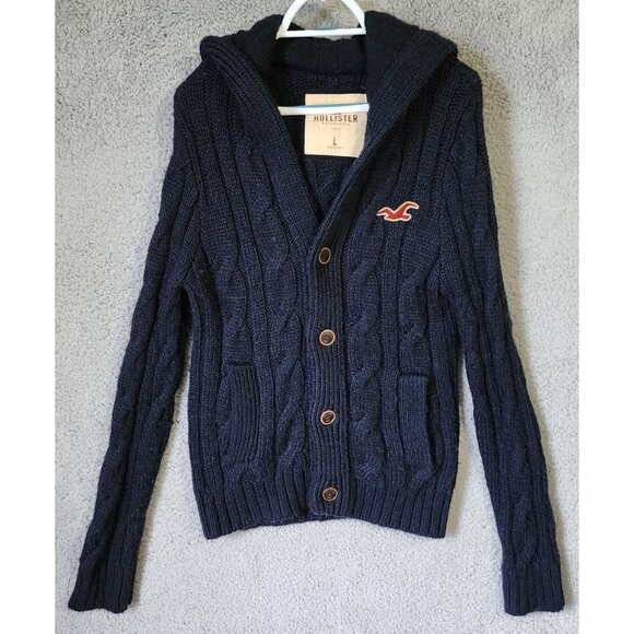 VTG Y2K Hollister Womens Sz L Cardigan Sweater Chunky Cable Knit Wool Blend Blue - Picture 1 of 13